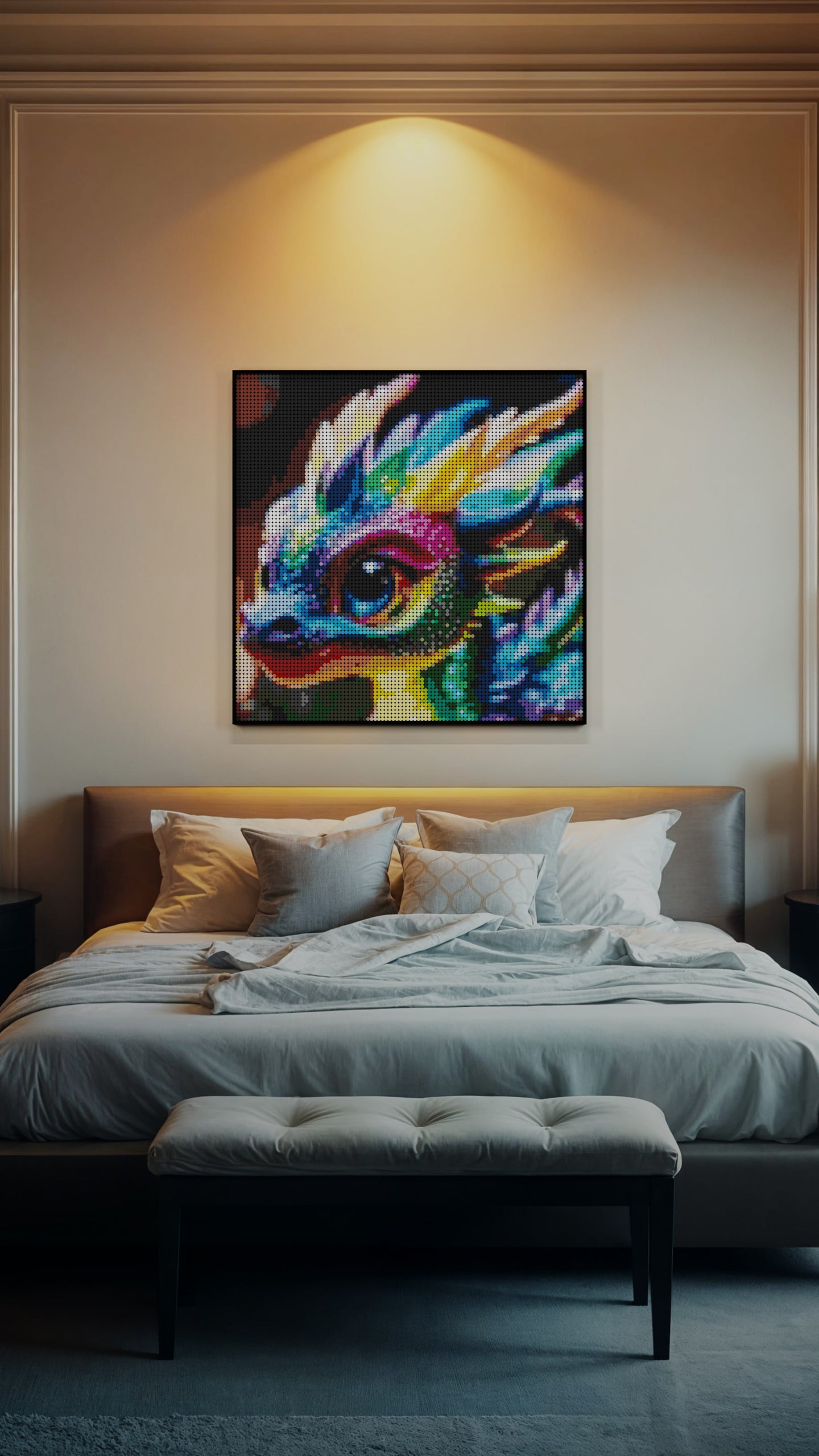 Neon Hatchling LEGO® Style mosaic wall art made from colorful plastic bricks